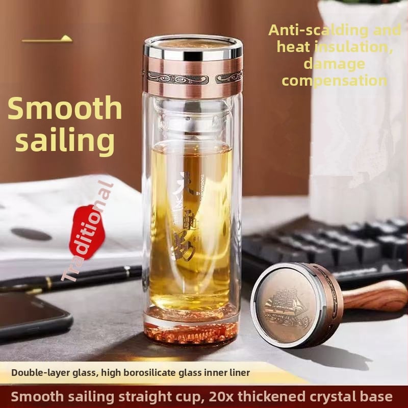 Κούπα τσαγιού με διπλό τοίχωμα από πυριτικό γυαλί, μονωμένη και ανθεκτική σε υψηλές θερμοκρασίες, περιλαμβάνει φίλτρο, μοντέρνος μινιμαλιστικός σχεδιασμός