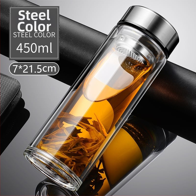 Γυάλινο ποτήρι τσαγιού από borosilicate με διπλό τοίχωμα, καπάκι και φίλτρο – στεγανό, δυνατότητα εξατομικευμένου λογότυπου, επαγγελματικό δώρο γραφείου