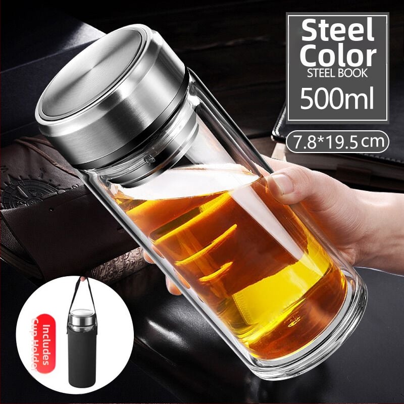 Γυάλινο ποτήρι τσαγιού από borosilicate με διπλό τοίχωμα, καπάκι και φίλτρο – στεγανό, δυνατότητα εξατομικευμένου λογότυπου, επαγγελματικό δώρο γραφείου