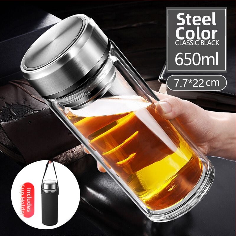 Γυάλινο ποτήρι τσαγιού από borosilicate με διπλό τοίχωμα, καπάκι και φίλτρο – στεγανό, δυνατότητα εξατομικευμένου λογότυπου, επαγγελματικό δώρο γραφείου