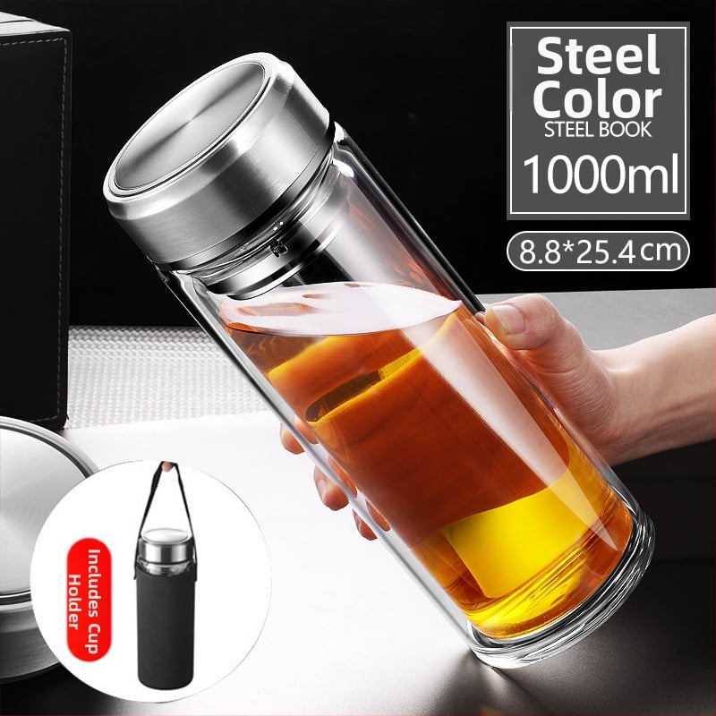 Γυάλινο ποτήρι τσαγιού από borosilicate με διπλό τοίχωμα, καπάκι και φίλτρο – στεγανό, δυνατότητα εξατομικευμένου λογότυπου, επαγγελματικό δώρο γραφείου