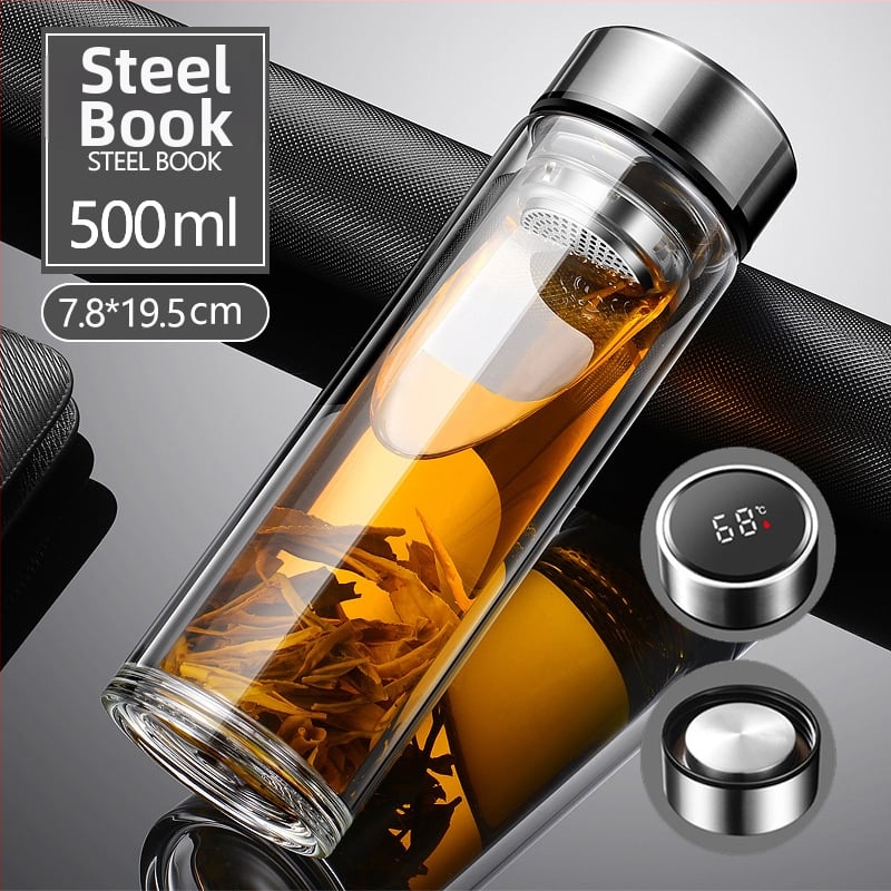 Γυάλινο ποτήρι τσαγιού από borosilicate με διπλό τοίχωμα, καπάκι και φίλτρο – στεγανό, δυνατότητα εξατομικευμένου λογότυπου, επαγγελματικό δώρο γραφείου