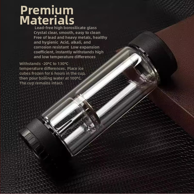 Κυκλική κούπα τσαγιού με διαχωρισμό τσαγιού και νερού, διπλός τοίχος από πυρίμαχο γυαλί, βιδωτό καπάκι, αισθητήρας θερμοκρασίας