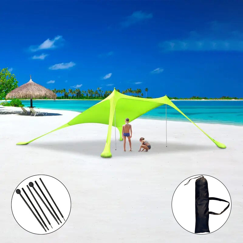 Еднослойна плажна палатка‑навес за къмпинг на открито — преносим сгъваем сенник за слънцезащита, със стълбове от желязо или алуминий, полиестер LYCRA