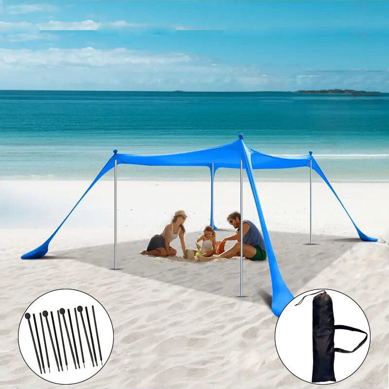 Еднослойна плажна палатка‑навес за къмпинг на открито — преносим сгъваем сенник за слънцезащита, със стълбове от желязо или алуминий, полиестер LYCRA