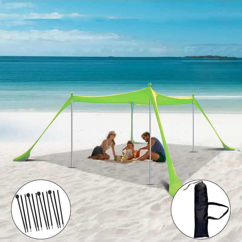 Еднослойна плажна палатка‑навес за къмпинг на открито — преносим сгъваем сенник за слънцезащита, със стълбове от желязо или алуминий, полиестер LYCRA