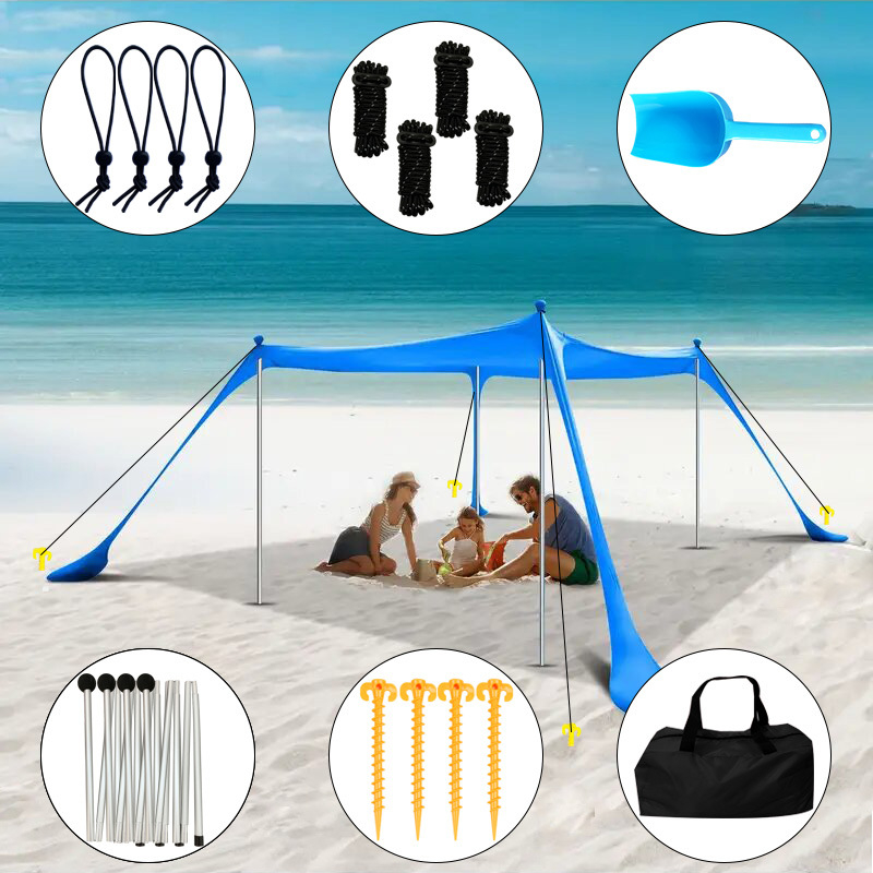 Еднослойна плажна палатка‑навес за къмпинг на открито — преносим сгъваем сенник за слънцезащита, със стълбове от желязо или алуминий, полиестер LYCRA
