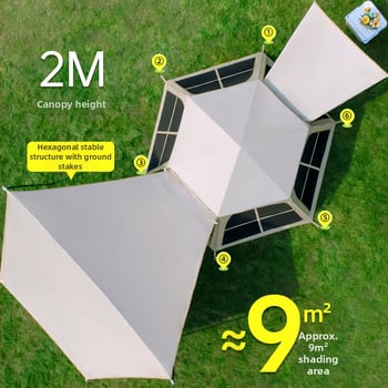 Шестоъгълна сгъваема палатка за къмпинг, бърз монтаж, външна материя Oxford плат, водоустойчивост 2000-3000 мм, четири сезона