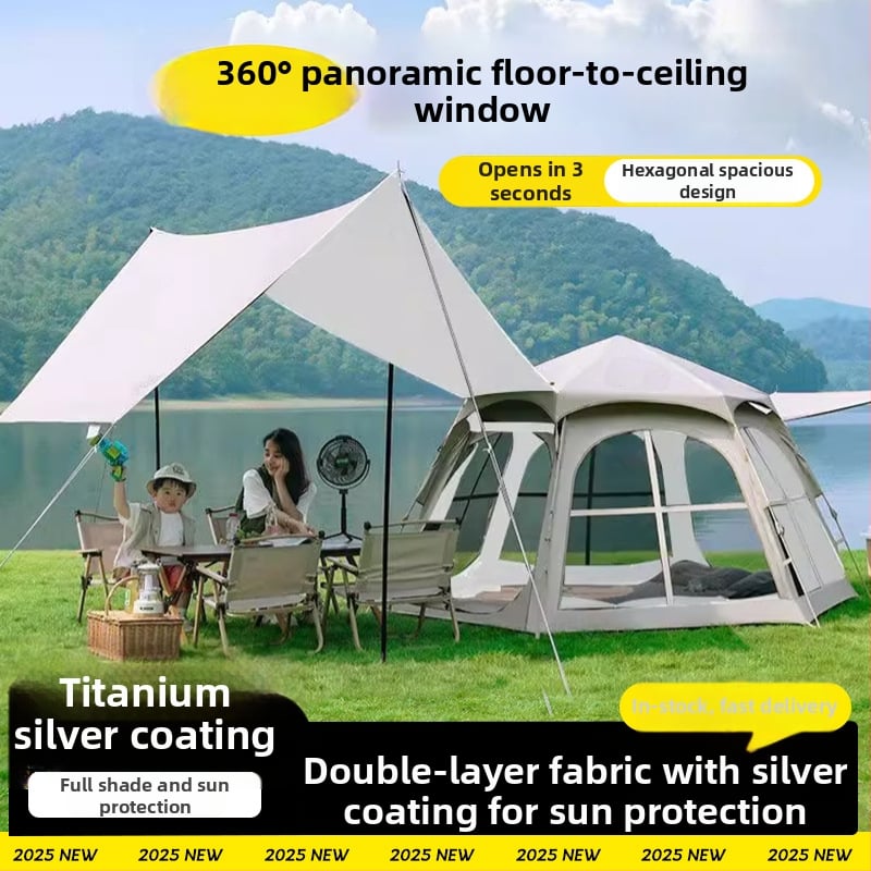 Шестоъгълна сгъваема палатка за къмпинг, бърз монтаж, външна материя Oxford плат, водоустойчивост 2000-3000 мм, четири сезона