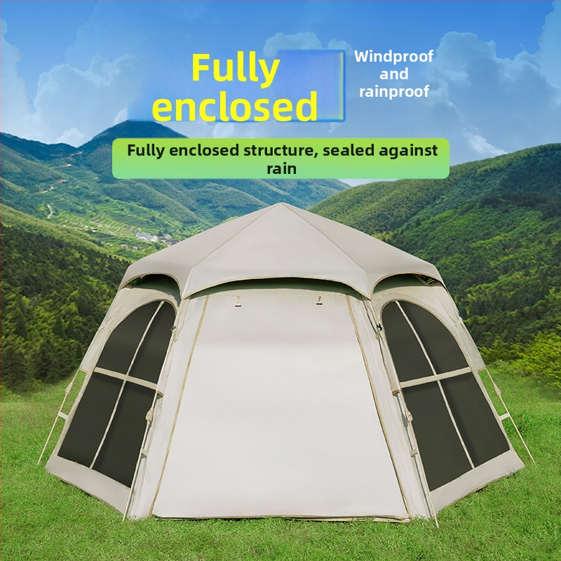 Шестоъгълна сгъваема палатка за къмпинг, бърз монтаж, външна материя Oxford плат, водоустойчивост 2000-3000 мм, четири сезона
