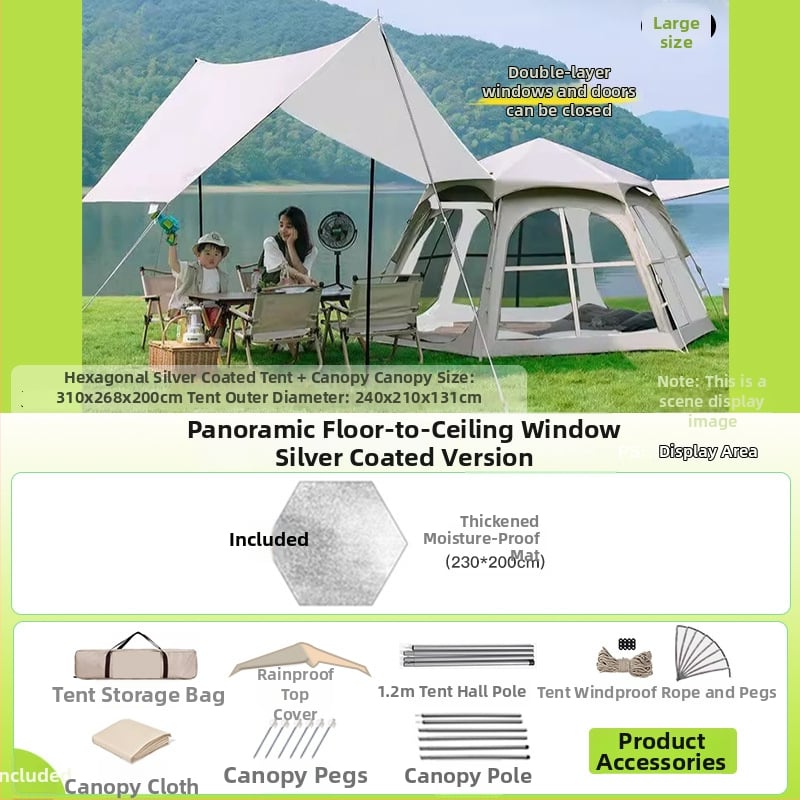 Шестоъгълна сгъваема палатка за къмпинг, бърз монтаж, външна материя Oxford плат, водоустойчивост 2000-3000 мм, четири сезона