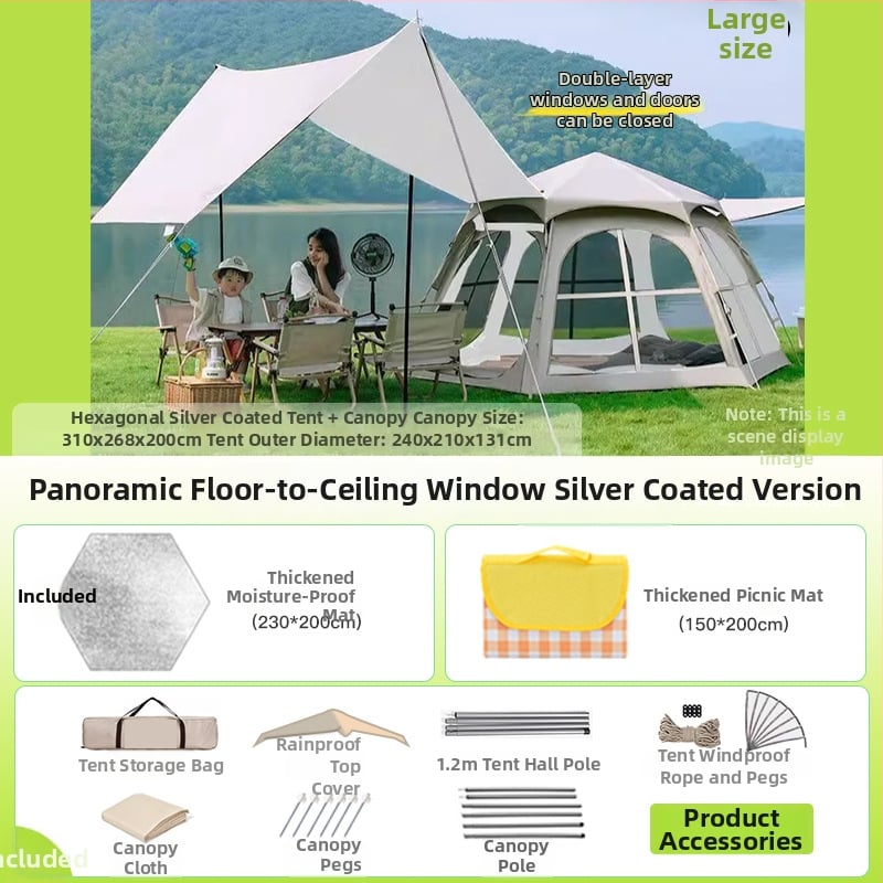 Шестоъгълна сгъваема палатка за къмпинг, бърз монтаж, външна материя Oxford плат, водоустойчивост 2000-3000 мм, четири сезона