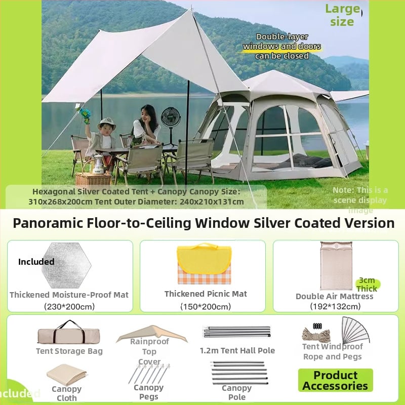 Шестоъгълна сгъваема палатка за къмпинг, бърз монтаж, външна материя Oxford плат, водоустойчивост 2000-3000 мм, четири сезона