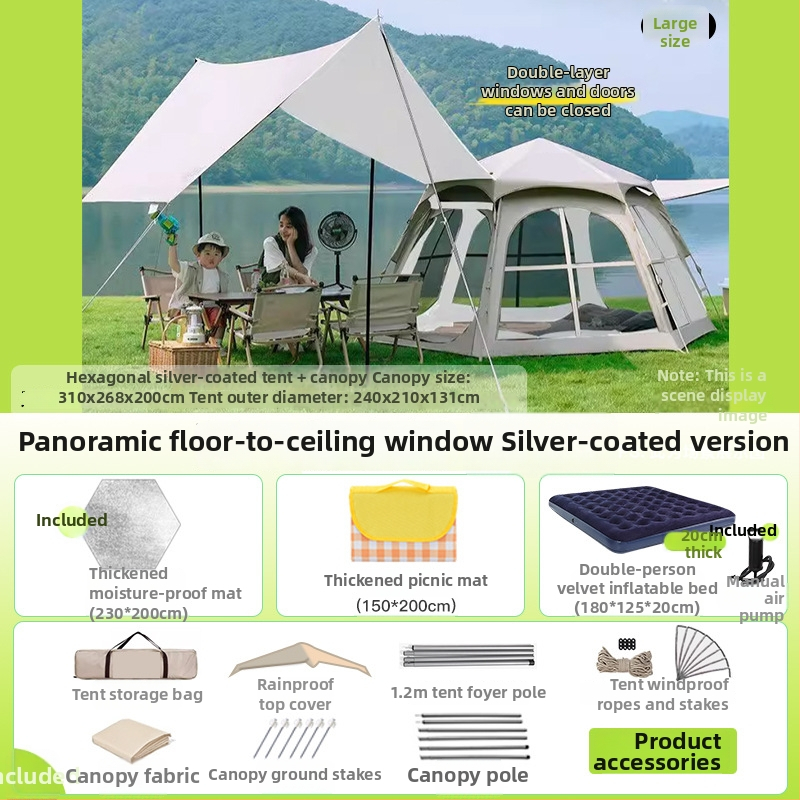 Шестоъгълна сгъваема палатка за къмпинг, бърз монтаж, външна материя Oxford плат, водоустойчивост 2000-3000 мм, четири сезона
