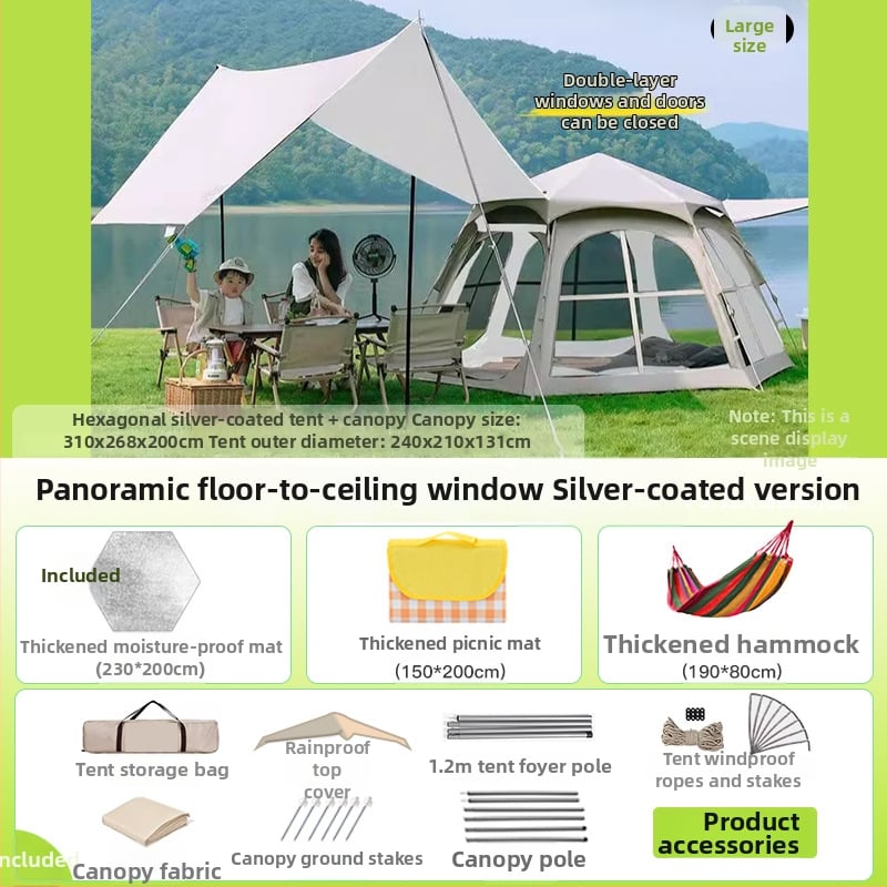 Шестоъгълна сгъваема палатка за къмпинг, бърз монтаж, външна материя Oxford плат, водоустойчивост 2000-3000 мм, четири сезона