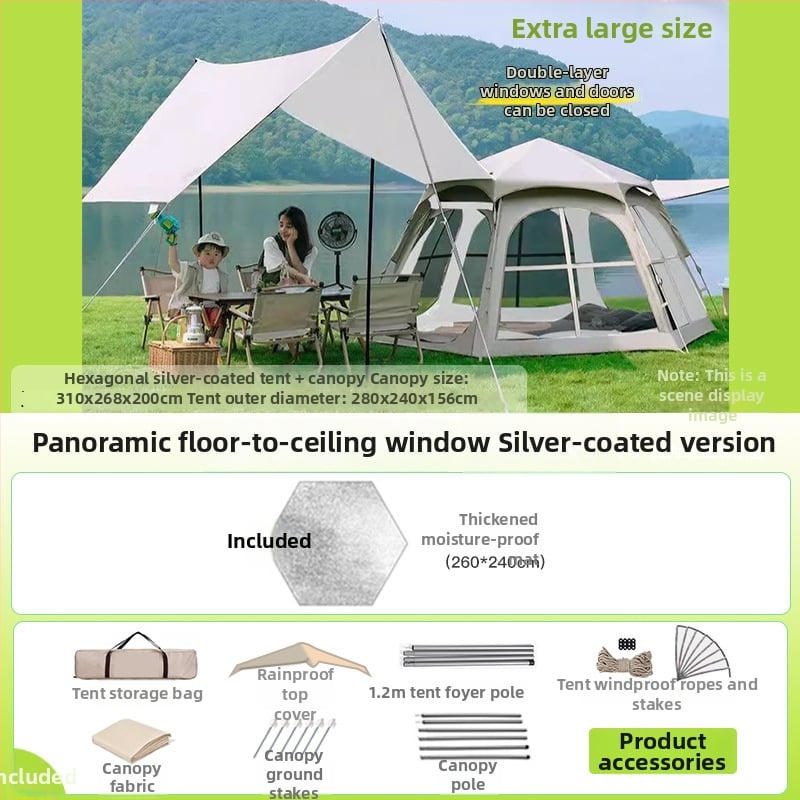 Шестоъгълна сгъваема палатка за къмпинг, бърз монтаж, външна материя Oxford плат, водоустойчивост 2000-3000 мм, четири сезона
