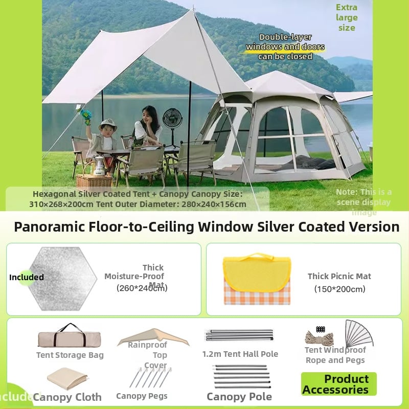 Шестоъгълна сгъваема палатка за къмпинг, бърз монтаж, външна материя Oxford плат, водоустойчивост 2000-3000 мм, четири сезона