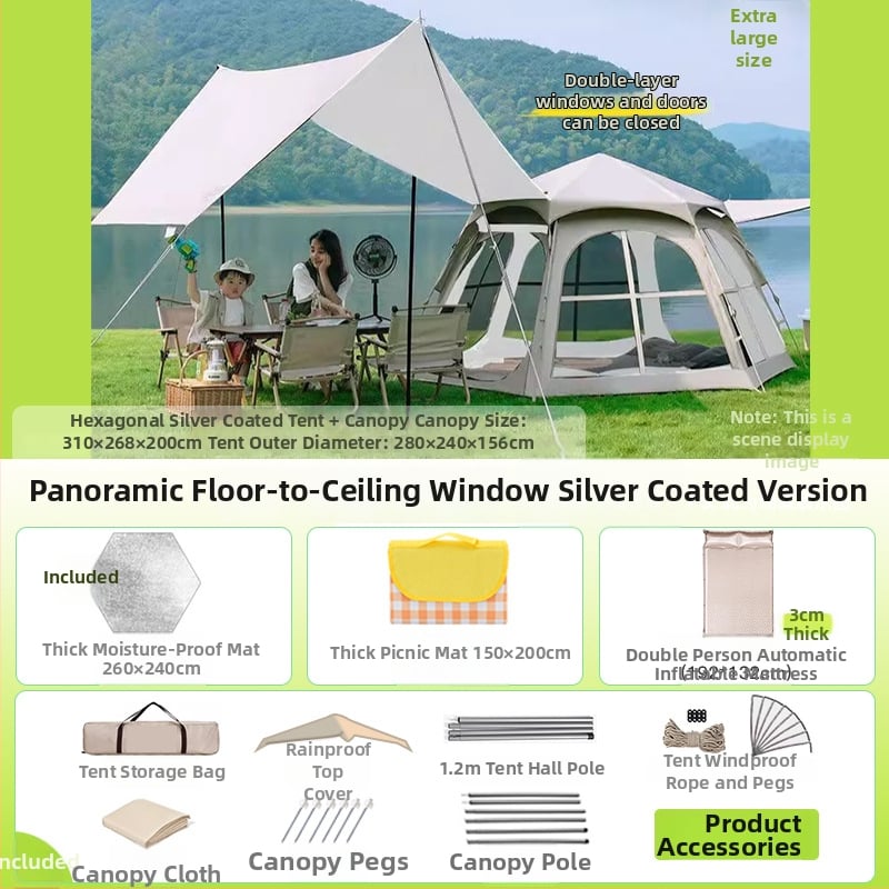 Шестоъгълна сгъваема палатка за къмпинг, бърз монтаж, външна материя Oxford плат, водоустойчивост 2000-3000 мм, четири сезона