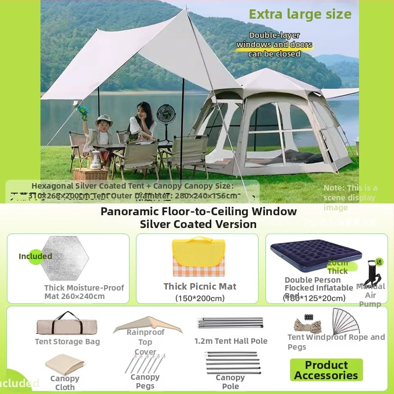 Шестоъгълна сгъваема палатка за къмпинг, бърз монтаж, външна материя Oxford плат, водоустойчивост 2000-3000 мм, четири сезона