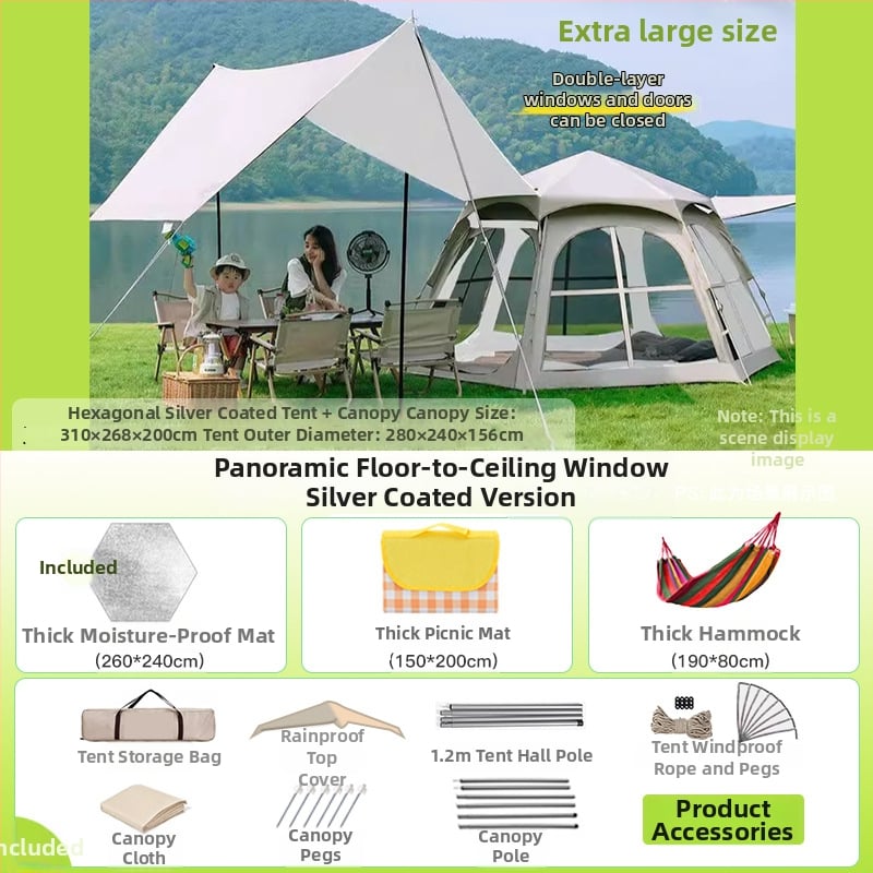 Шестоъгълна сгъваема палатка за къмпинг, бърз монтаж, външна материя Oxford плат, водоустойчивост 2000-3000 мм, четири сезона
