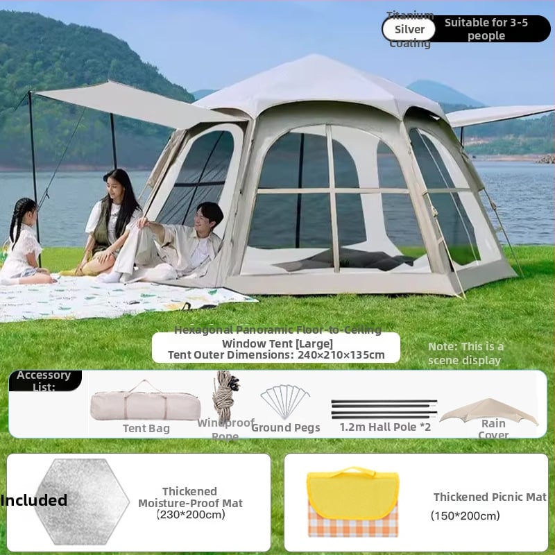 Шестоъгълна сгъваема палатка за къмпинг, бърз монтаж, външна материя Oxford плат, водоустойчивост 2000-3000 мм, четири сезона