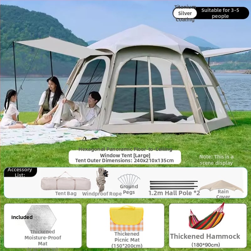 Шестоъгълна сгъваема палатка за къмпинг, бърз монтаж, външна материя Oxford плат, водоустойчивост 2000-3000 мм, четири сезона
