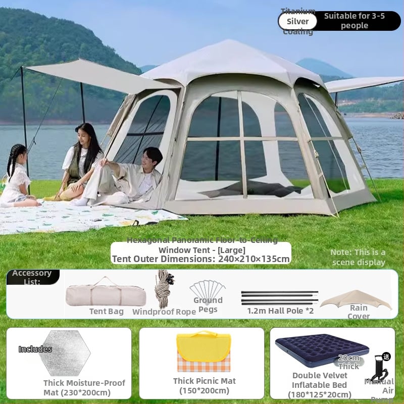 Шестоъгълна сгъваема палатка за къмпинг, бърз монтаж, външна материя Oxford плат, водоустойчивост 2000-3000 мм, четири сезона