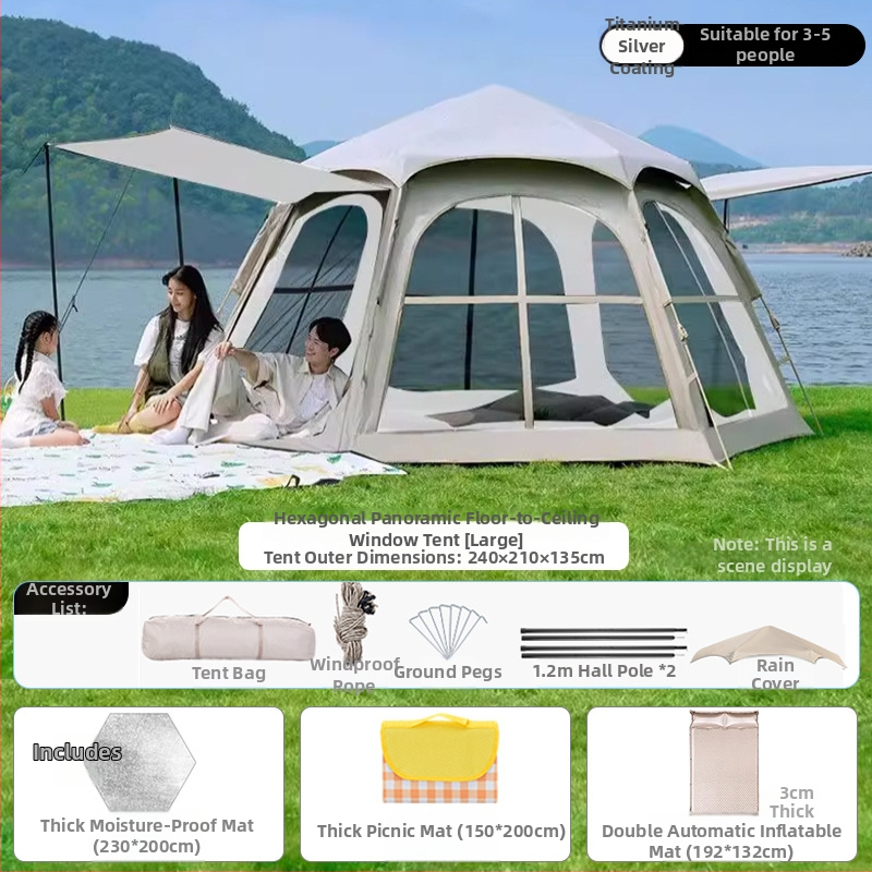 Шестоъгълна сгъваема палатка за къмпинг, бърз монтаж, външна материя Oxford плат, водоустойчивост 2000-3000 мм, четири сезона