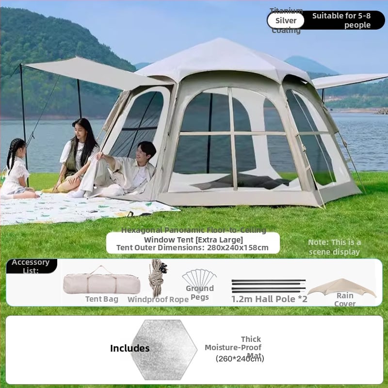 Шестоъгълна сгъваема палатка за къмпинг, бърз монтаж, външна материя Oxford плат, водоустойчивост 2000-3000 мм, четири сезона