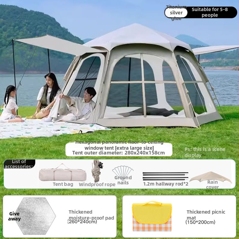 Шестоъгълна сгъваема палатка за къмпинг, бърз монтаж, външна материя Oxford плат, водоустойчивост 2000-3000 мм, четири сезона
