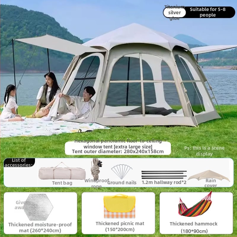 Шестоъгълна сгъваема палатка за къмпинг, бърз монтаж, външна материя Oxford плат, водоустойчивост 2000-3000 мм, четири сезона