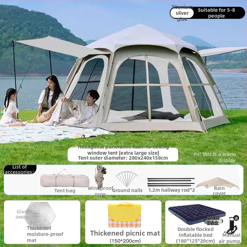 Шестоъгълна сгъваема палатка за къмпинг, бърз монтаж, външна материя Oxford плат, водоустойчивост 2000-3000 мм, четири сезона