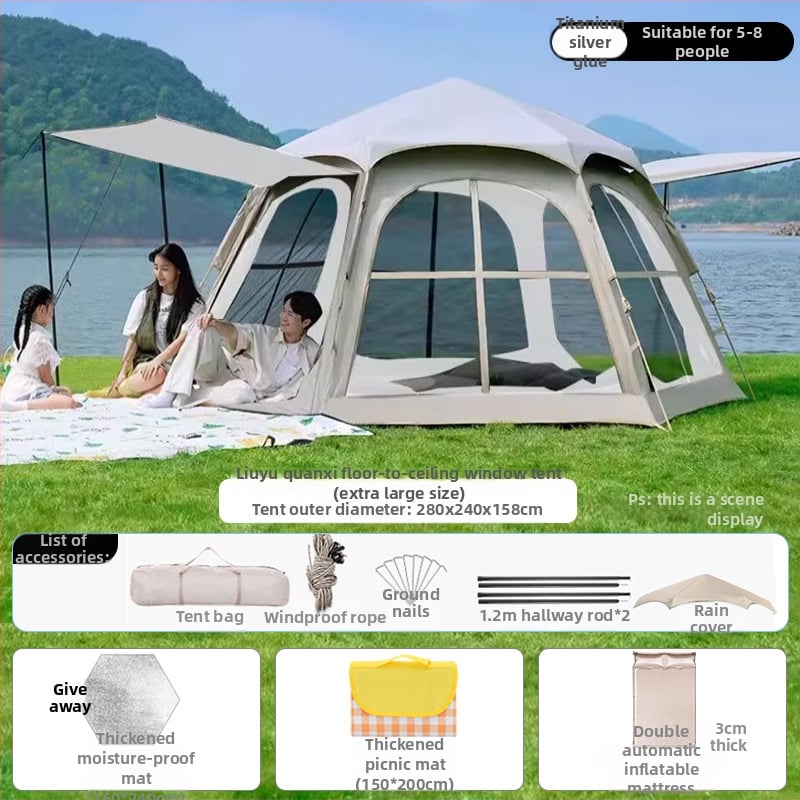 Шестоъгълна сгъваема палатка за къмпинг, бърз монтаж, външна материя Oxford плат, водоустойчивост 2000-3000 мм, четири сезона