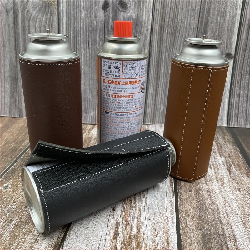 Кожен калъф за газова бутилка 250 г — портативен, изолиран и ветроустойчив за къмпинг, защитен холстер за двама
