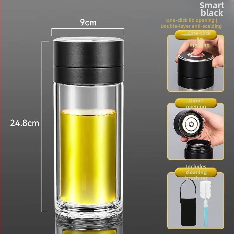 Κούπα τσαγιού από διπλό στρώμα γυαλιού μποροσίλικ για αυτοκίνητο, με αντι-κάψιμο μόνωση και καπάκι με ένα κλικ