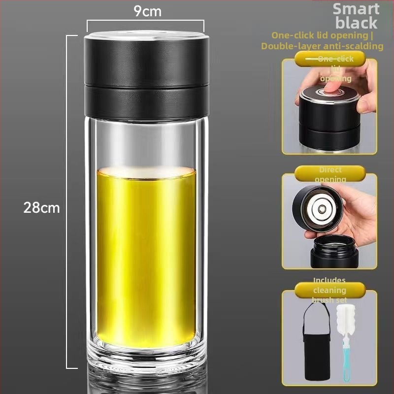 Κούπα τσαγιού από διπλό στρώμα γυαλιού μποροσίλικ για αυτοκίνητο, με αντι-κάψιμο μόνωση και καπάκι με ένα κλικ