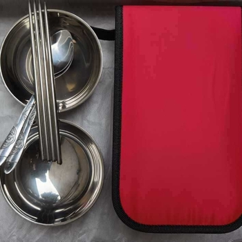 Rozsdamentes acél piknik készlet: összecsukható tál, kanál és evőpálcikák, ebédes doboz — hordozható utazó evőeszköz-készlet (modell 985)