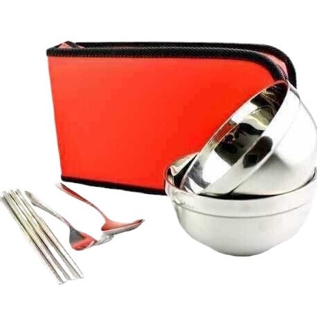 Rozsdamentes acél piknik készlet: összecsukható tál, kanál és evőpálcikák, ebédes doboz — hordozható utazó evőeszköz-készlet (modell 985)