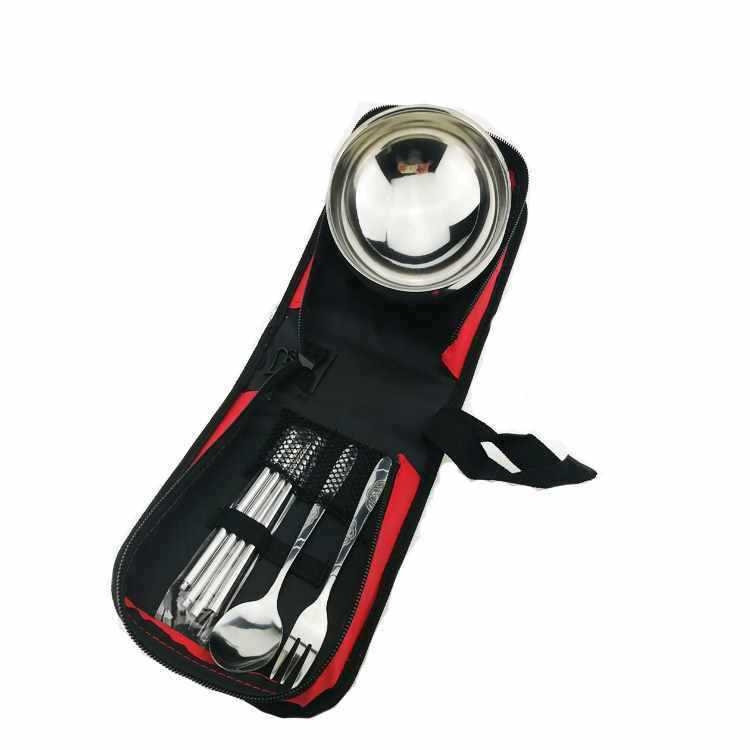 Rozsdamentes acél piknik készlet: összecsukható tál, kanál és evőpálcikák, ebédes doboz — hordozható utazó evőeszköz-készlet (modell 985)