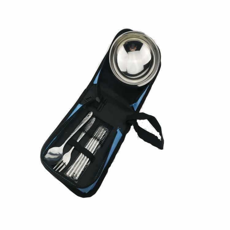 Rozsdamentes acél piknik készlet: összecsukható tál, kanál és evőpálcikák, ebédes doboz — hordozható utazó evőeszköz-készlet (modell 985)