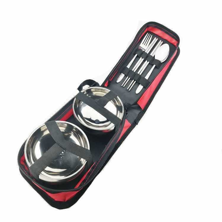 Rozsdamentes acél piknik készlet: összecsukható tál, kanál és evőpálcikák, ebédes doboz — hordozható utazó evőeszköz-készlet (modell 985)