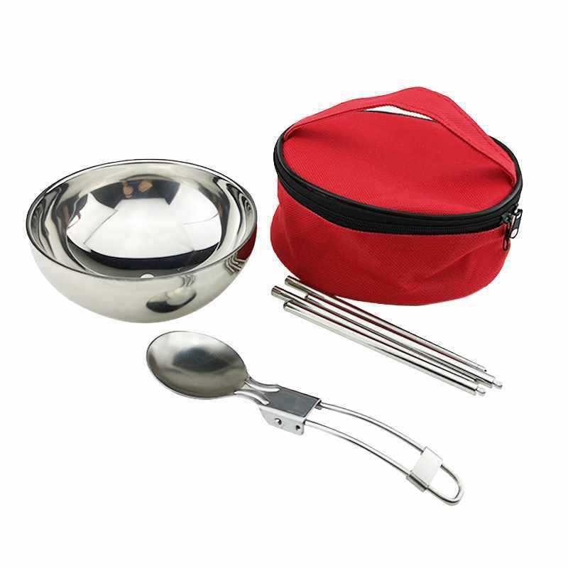 Rozsdamentes acél piknik készlet: összecsukható tál, kanál és evőpálcikák, ebédes doboz — hordozható utazó evőeszköz-készlet (modell 985)