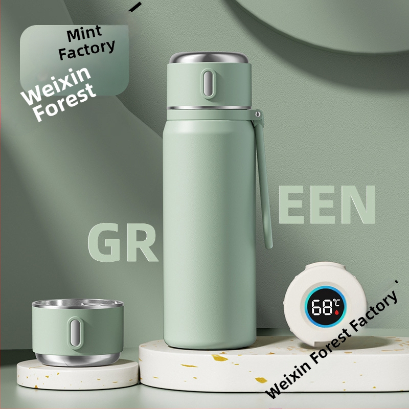 Iskolásoknak szánt hőszigetelt rozsdamentes acél csésze hőmérséklet kijelzővel; belső 316; külső 304; 12–24 óra szigetelés