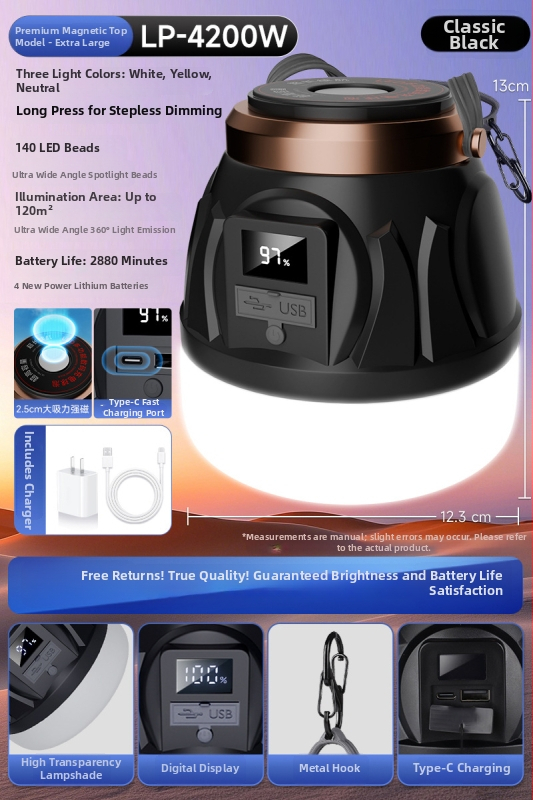 Lampă de camping în aer liber, cu durată ultra-lungă a bateriei, lampă pentru cort, iluminare reîncărcabilă pentru situații de urgență