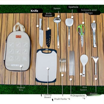 Kültéri rozsdamentes acél konyhai készlet – hordozható, 8–16 darab, kempingezéshez, autóval utazáshoz, piknikhez és BBQ-hoz, tároló táskával