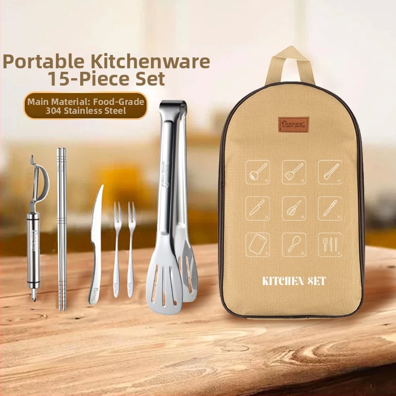 Kültéri rozsdamentes acél konyhai készlet – hordozható, 8–16 darab, kempingezéshez, autóval utazáshoz, piknikhez és BBQ-hoz, tároló táskával