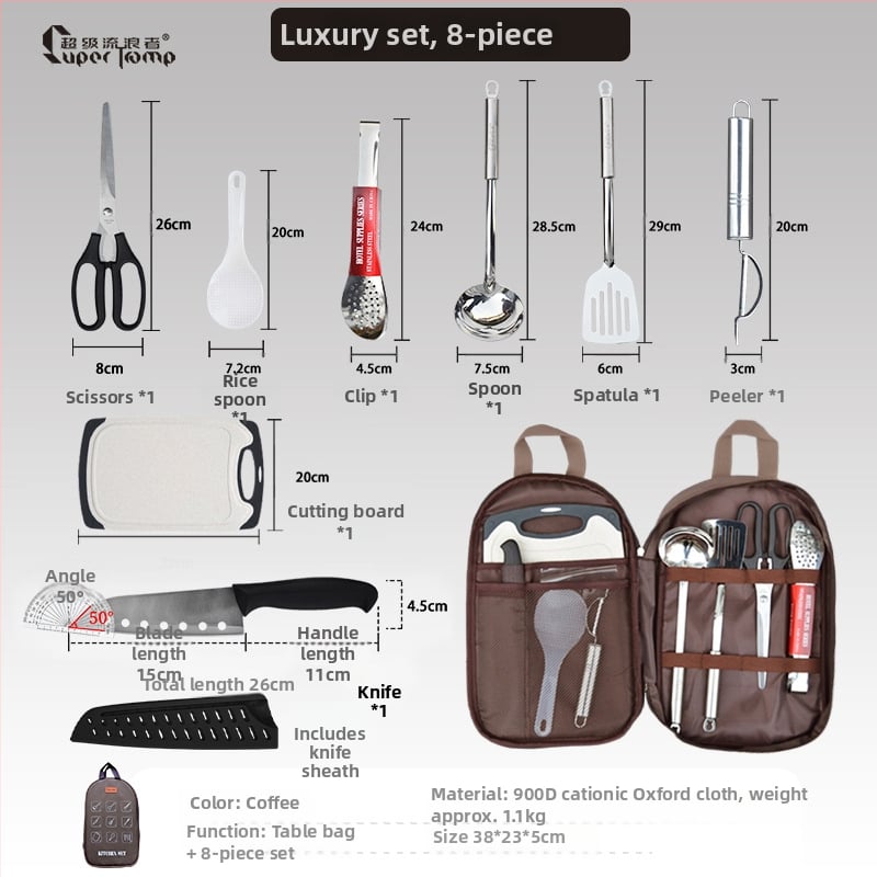 Kültéri rozsdamentes acél konyhai készlet – hordozható, 8–16 darab, kempingezéshez, autóval utazáshoz, piknikhez és BBQ-hoz, tároló táskával