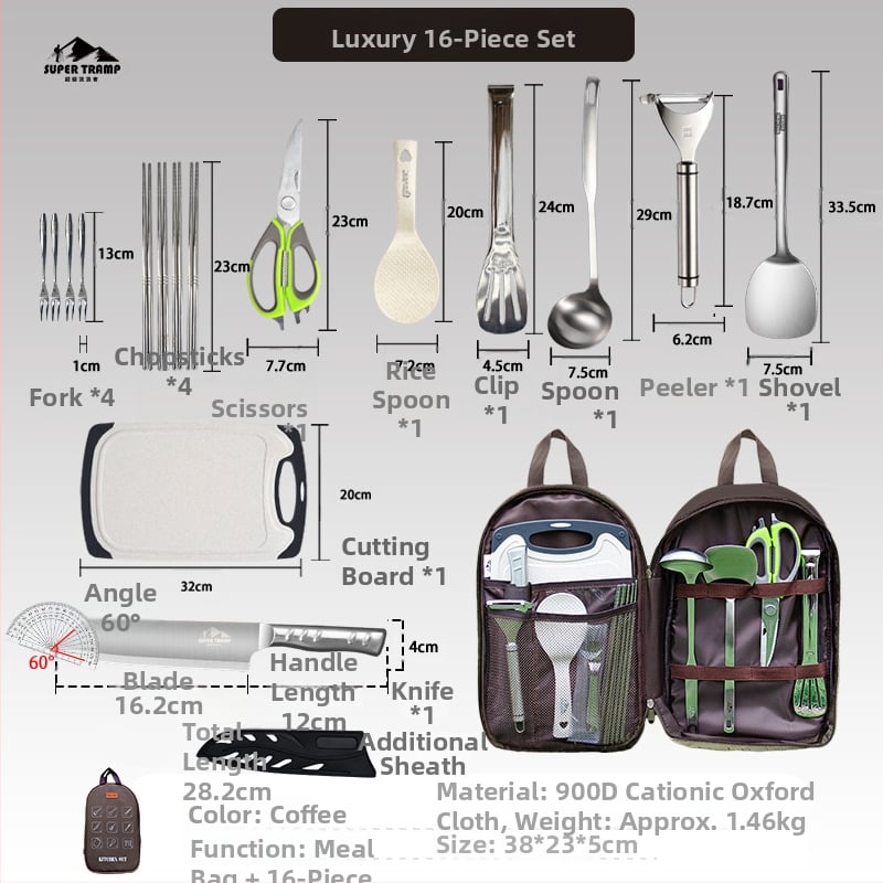 Kültéri rozsdamentes acél konyhai készlet – hordozható, 8–16 darab, kempingezéshez, autóval utazáshoz, piknikhez és BBQ-hoz, tároló táskával