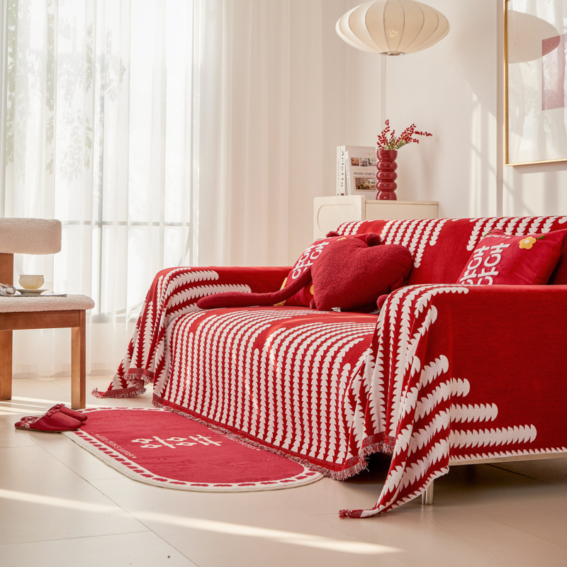 Dvosjedna kauč navlaka od chenillea – jednoplošni zaštitni pokrov, svadbeni stil, model Double Happiness