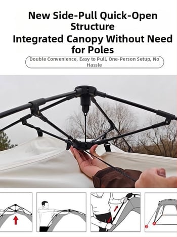 Automata gyorsan nyíló kültéri kupol sátor kempingezéshez; szélvédő és esőálló; egyrétegű konstrukció; szálas rudak; külső, belső és padló Oxford anyagból; súly 8,6 kg; külső vízállóság >3000 mm; alkalmas tavaszra és őszre